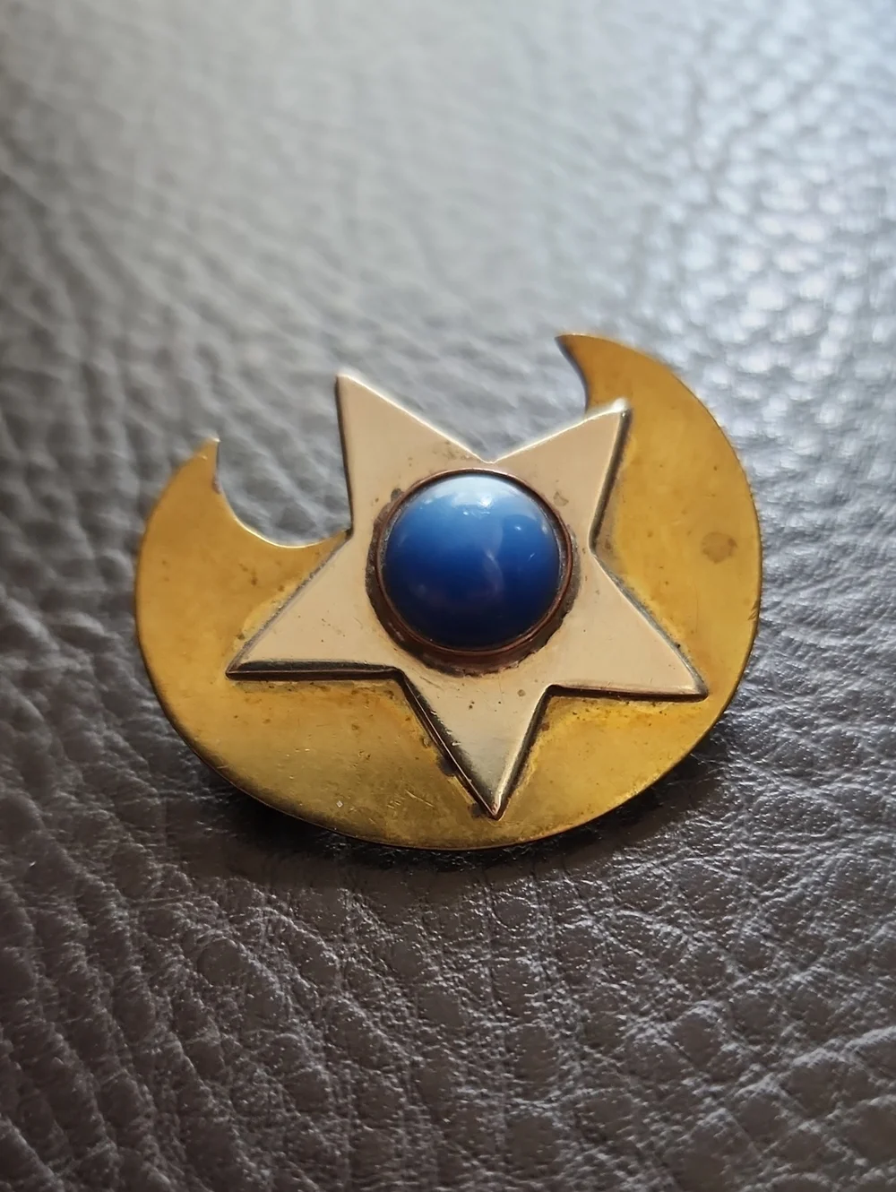 VTG Brass-tone Crescent & Star Brooch with Blue Cabochon